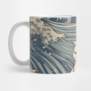 White Cat Chilling on Waves of Japan Mug